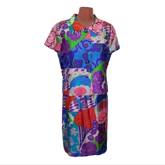 Vintage 1960s B.H. WRAGGE Psychedelic Mod Pop Art Print Skirt Set Suit Sz S - Picture 1 of 11